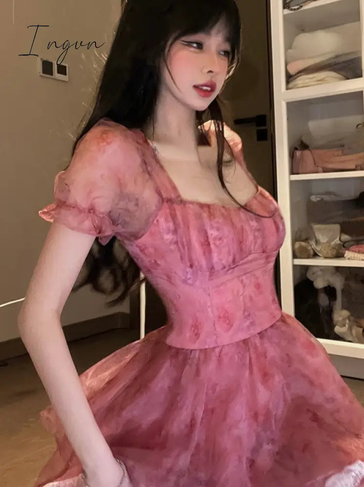 Ingvn - Pink Floral Short Party Dress Sexy Lace Puff Fairy Kawaii Clothing Mini Dress Fashion Birthday Lolita Dress Women Summer 2023
