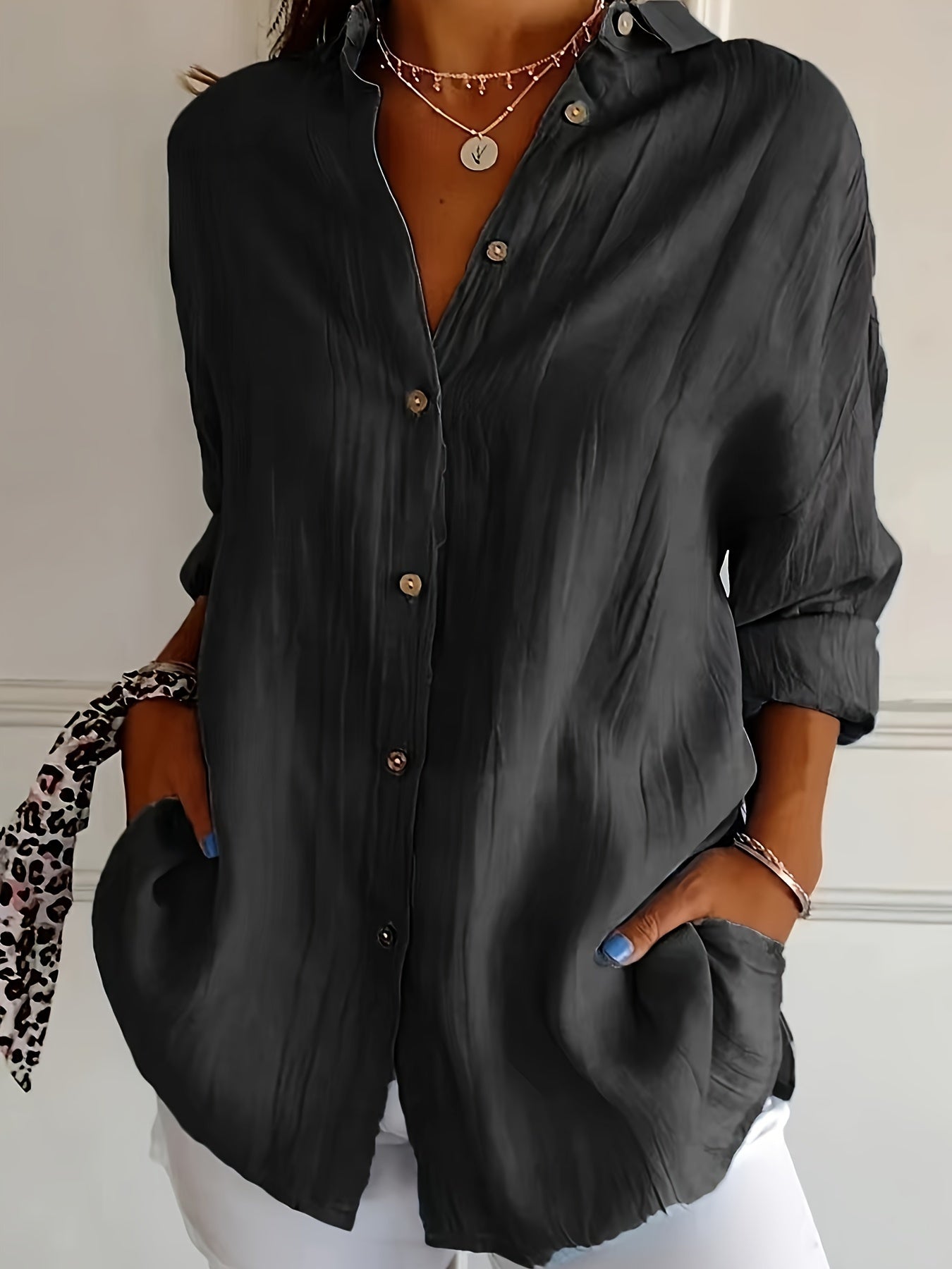 Women's Casual Solid Color Button Up Shirt - Long Sleeve, Loose Collared, Perfect for Spring and Fall, Relaxed Fit, Easy to Wear, Versatile and Timeless