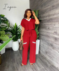 Ingvn - Summer Fashion Casual Two Piece Set Women V Neck Short-sleeved T-shirt Elastic Straight Pants Two Piece Suit Women