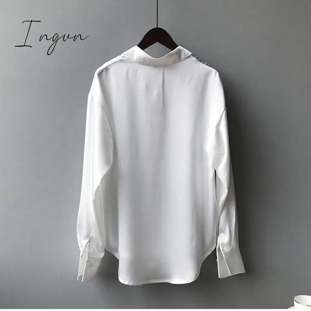 Ingvn - Silk Korean Office Ladies Elegant Shirt Blouse Women Fashion Button Up Satin Shirt Vintage White Long Sleeve Shirts Tops 11355