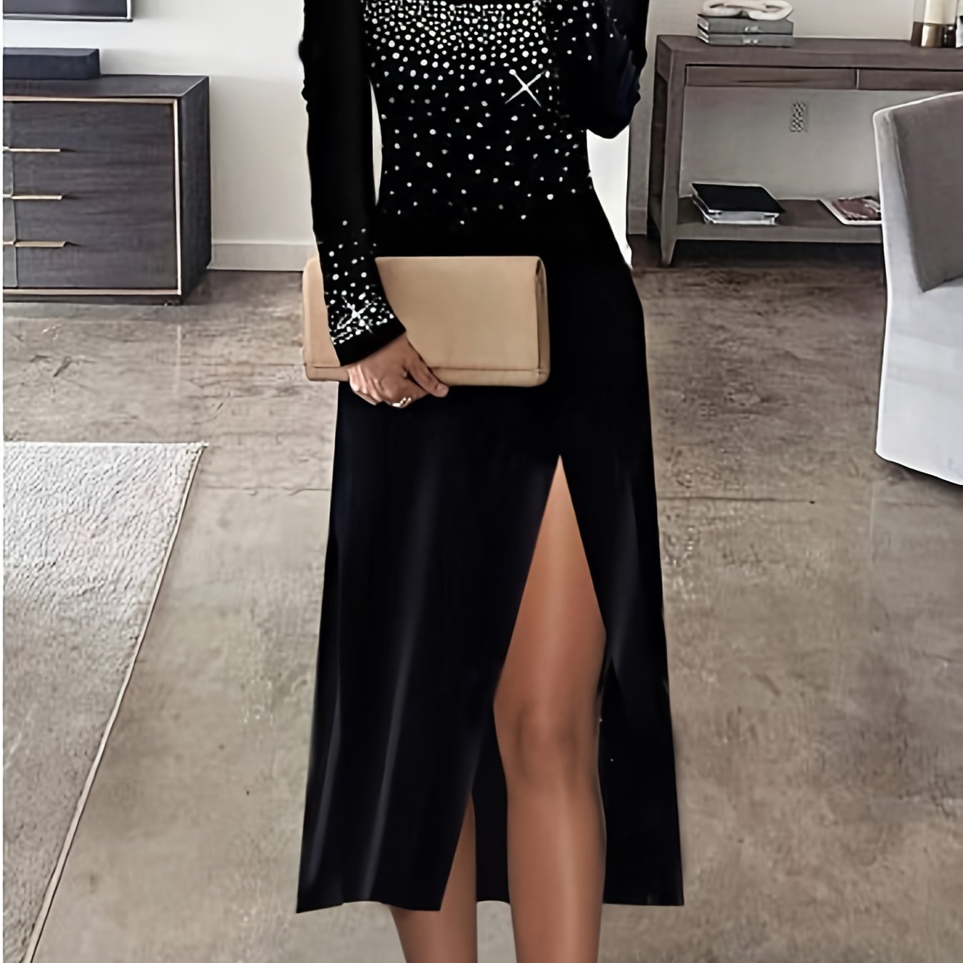 Rhinestone Cold Shoulder Dress, Elegant Long Sleeve Split Dress, Women's Clothing