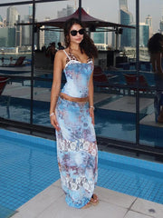 Colorful Fashion Print 2 Piece Set Women Sexy Backless Camisole+Mesh Patchwork Long Skirts Vacation Streetwear Outfits