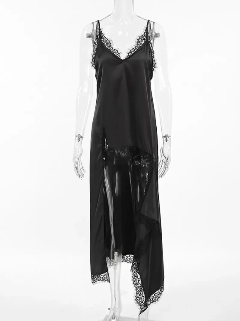 Ingvn  Women Sexy V-neck Lace Patchwork Black Dress Y2K Streetwear Fashion Spaghetti Strap Irregular Split Black Long Slip Dresses