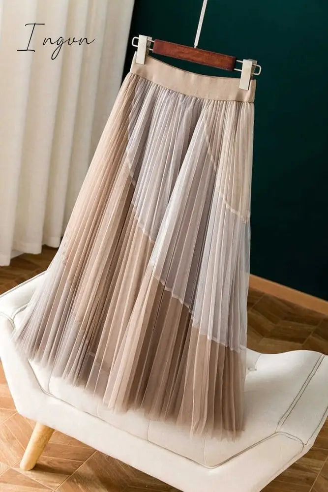 Ingvn - Gauze Patchwork Pleated Midi Skirts Spring Summer New Fashion Streetwear Casual Elastic High-waisted Women's Skirt