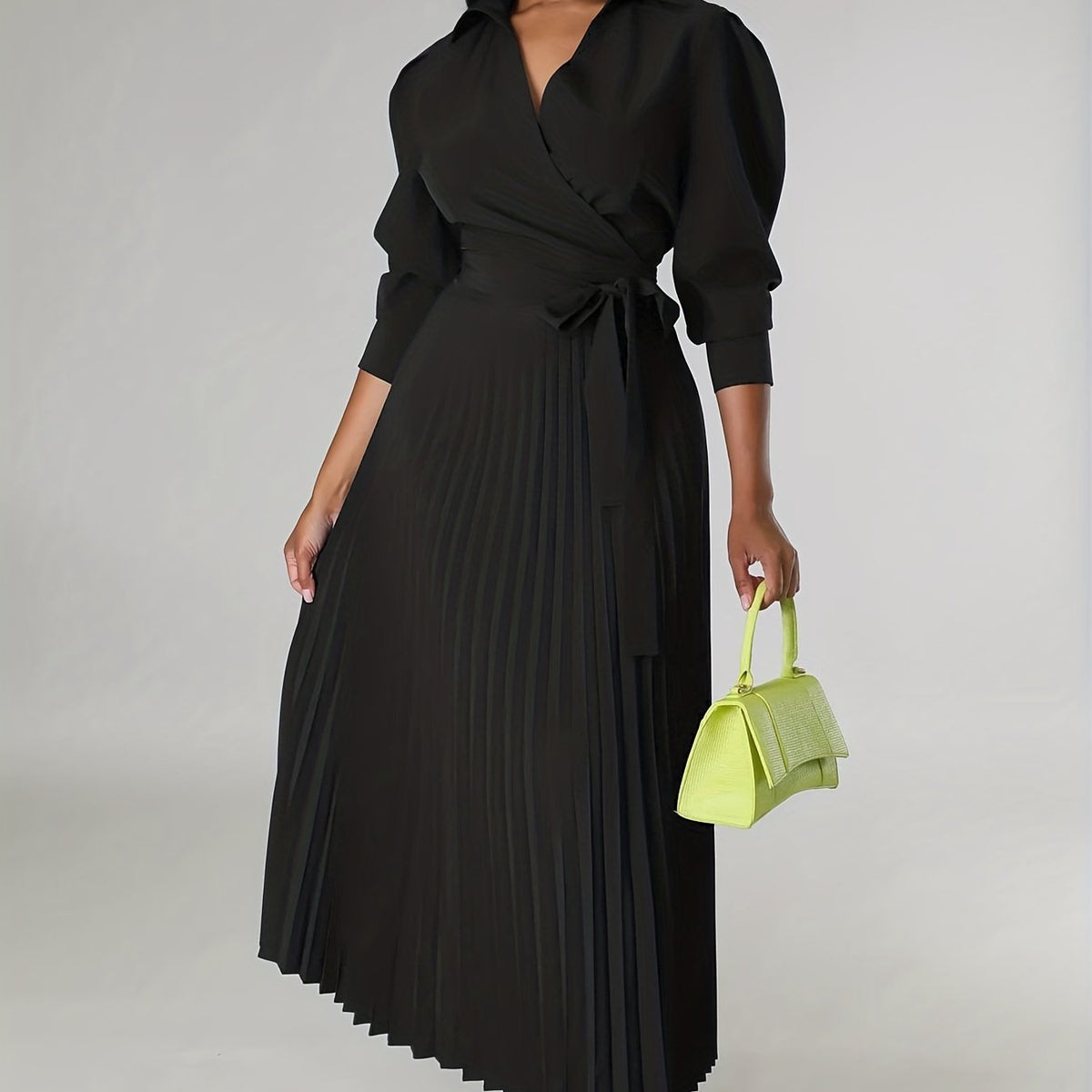 Solid Pleated Dress, Elegant Knotted V Neck 3/4 Sleeve Dress, Women's Clothing