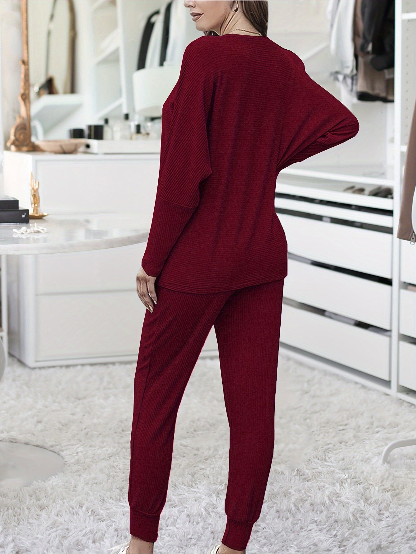 Cozy Womens Ribbed Lounge Set - Soft High-Elasticity Polyester, Crew Neck, Batwing Sleeve, Relaxed Fit, Pockets, Machine Washable, Perfect for Fall and Winter Season