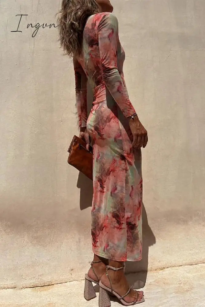 Ingvn - Casual Vintage Gradual Change Print See-through O Neck Long Sleeve Dresses