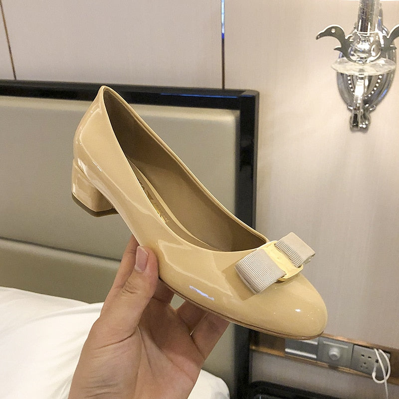 Patent Leather Bow In A Thick Single-heel Women's Shallow Flat-soled High-heeled Red Wedding Shoes Spring Shoes