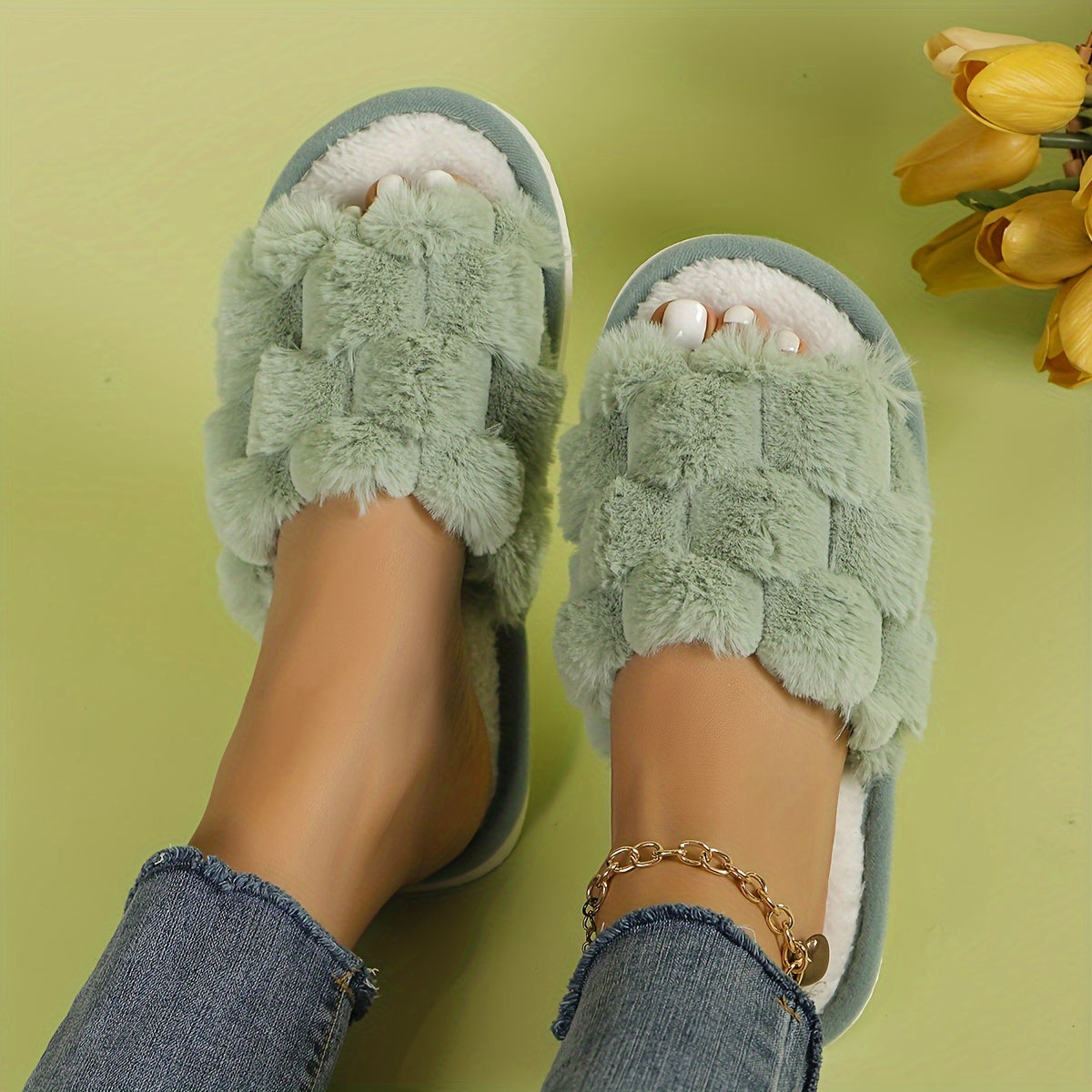 Open Toe Fluffy Home Slippers, Honeycomb Plush Soft Sole Flat Shoes, Women's Indoor Floor Slippers