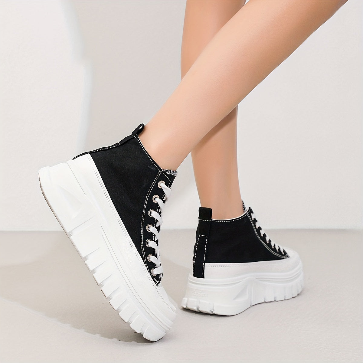 High-top Heightening Women's Canvas Solid Color Casual Sneakers, Lace Up Platform Soft Sole Walking Skate Shoes