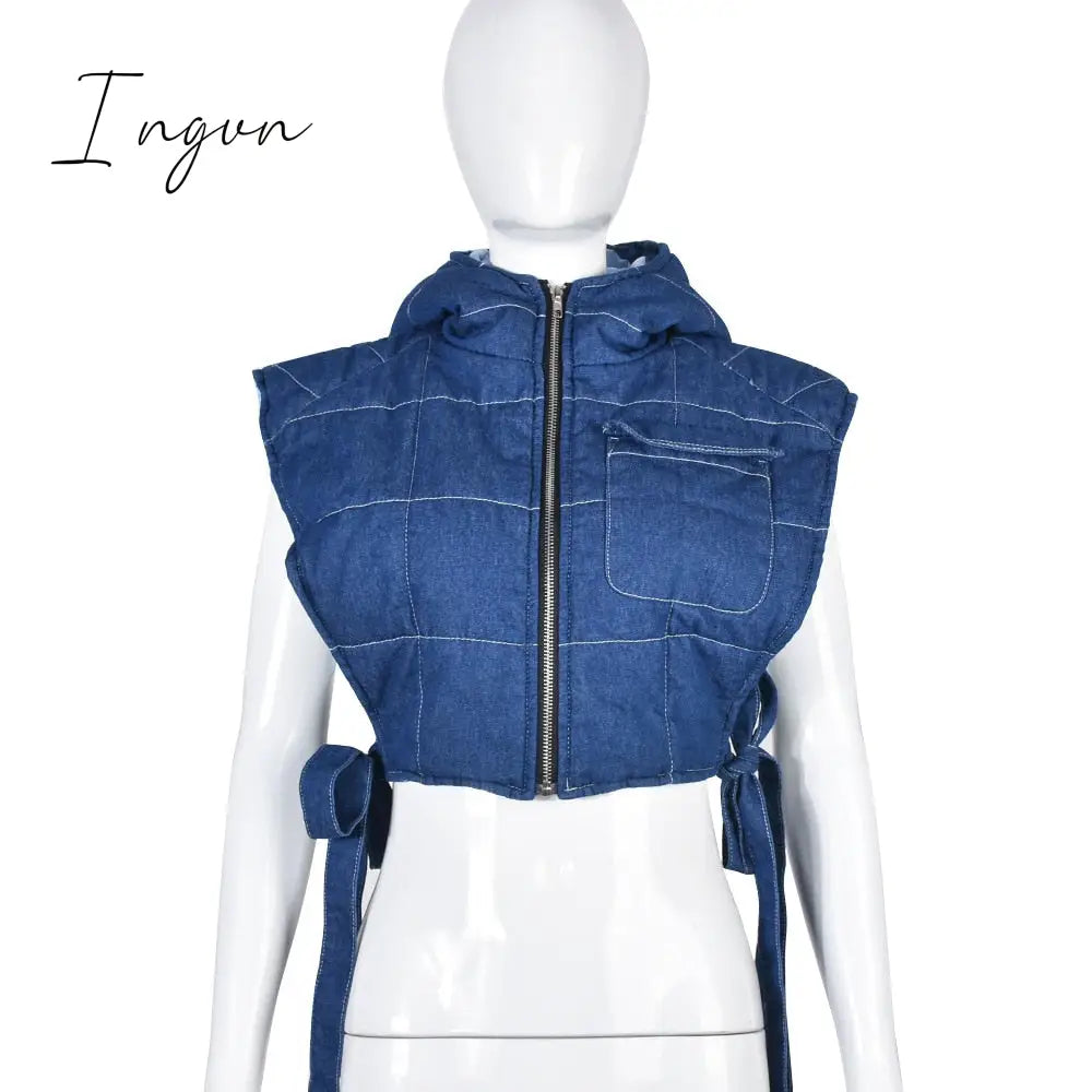 Ingvn - Winter Sleeveless Side Lace Up Vest Jacket Zipper Denim Hoodies Streetwear Women Clothing Fashion Outwear Crop Top