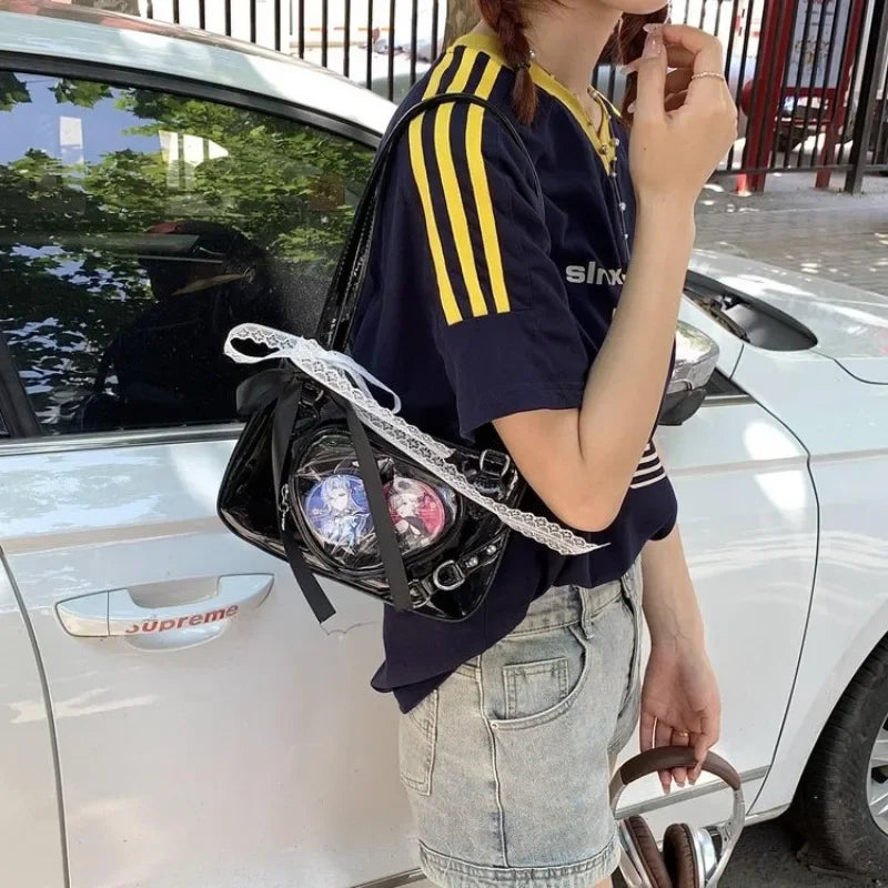 Ingvn  Lace Handbags for Women Lolita Jk Transparent Y2k Fashion Shoulder Bag Square Japanese Style Casual Leather Ladies Love Bag