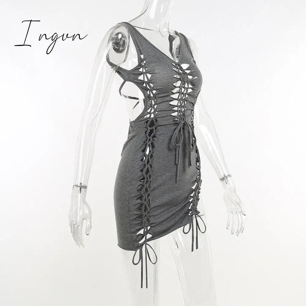 Ingvn - Dark Gray Hollow Out Mini Dress Sexy Drawstring Bandage Backless Summer Dresses for Women 2023 Birthday Party Clubwear