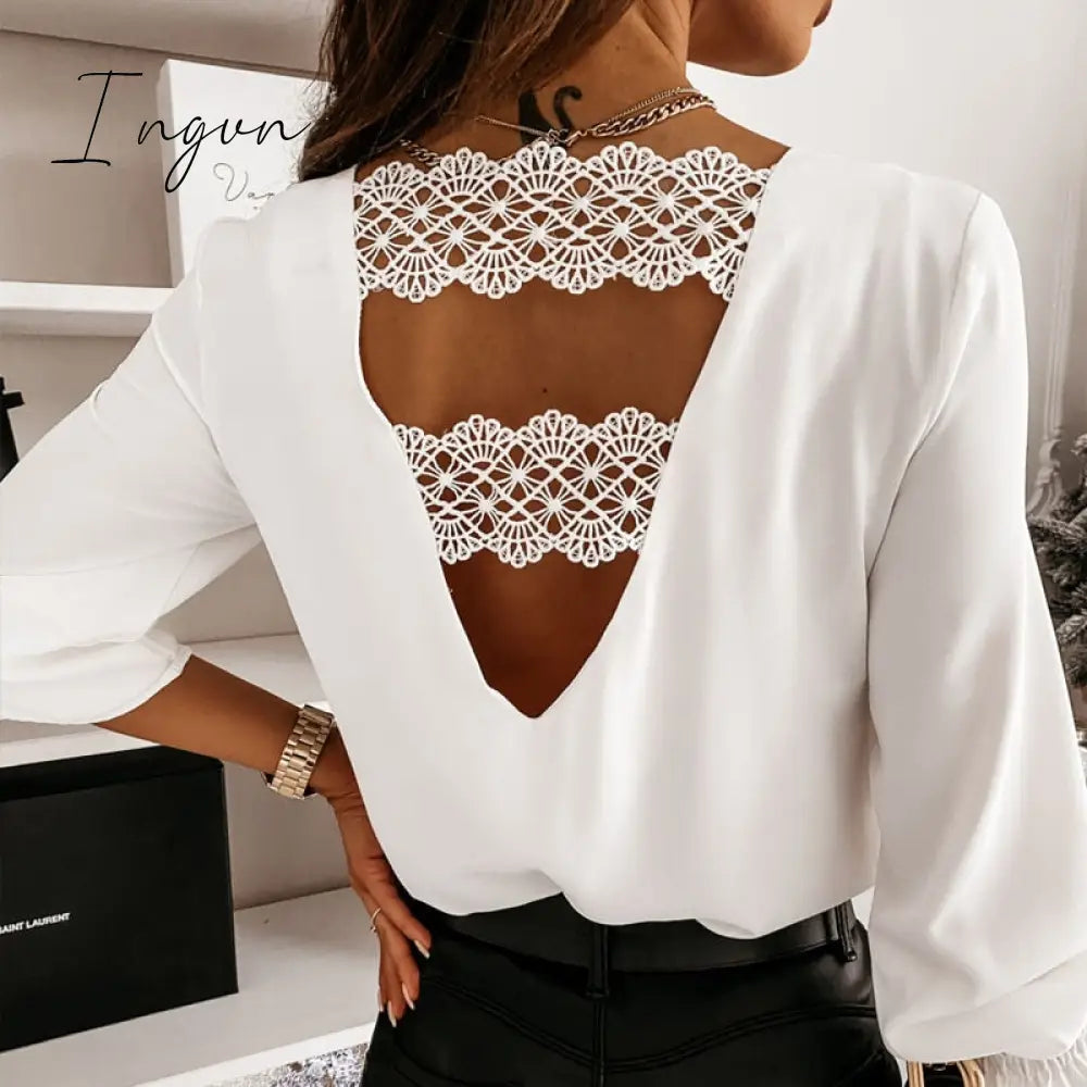 Ingvn - Chic Back V-shaped Hollow Lace Stitching Pullover White Blouse Fashion Sexy V-neck Autumn and Winter Long-sleeved Shirt  12460