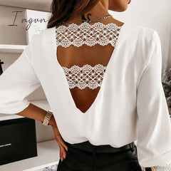 Ingvn - Chic Back V-shaped Hollow Lace Stitching Pullover White Blouse Fashion Sexy V-neck Autumn and Winter Long-sleeved Shirt  12460