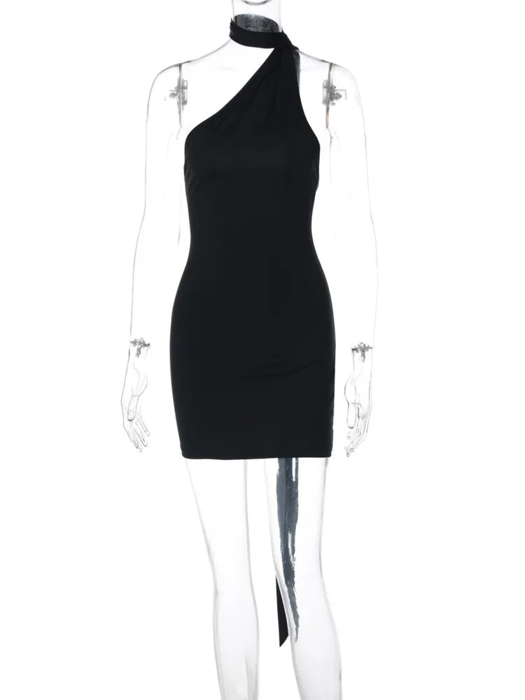 Halter Sleeveless Sexy Mini Dress For Women Robe Elegant Black Off-shoulder Backless Ruched Club Party Dress Vestido