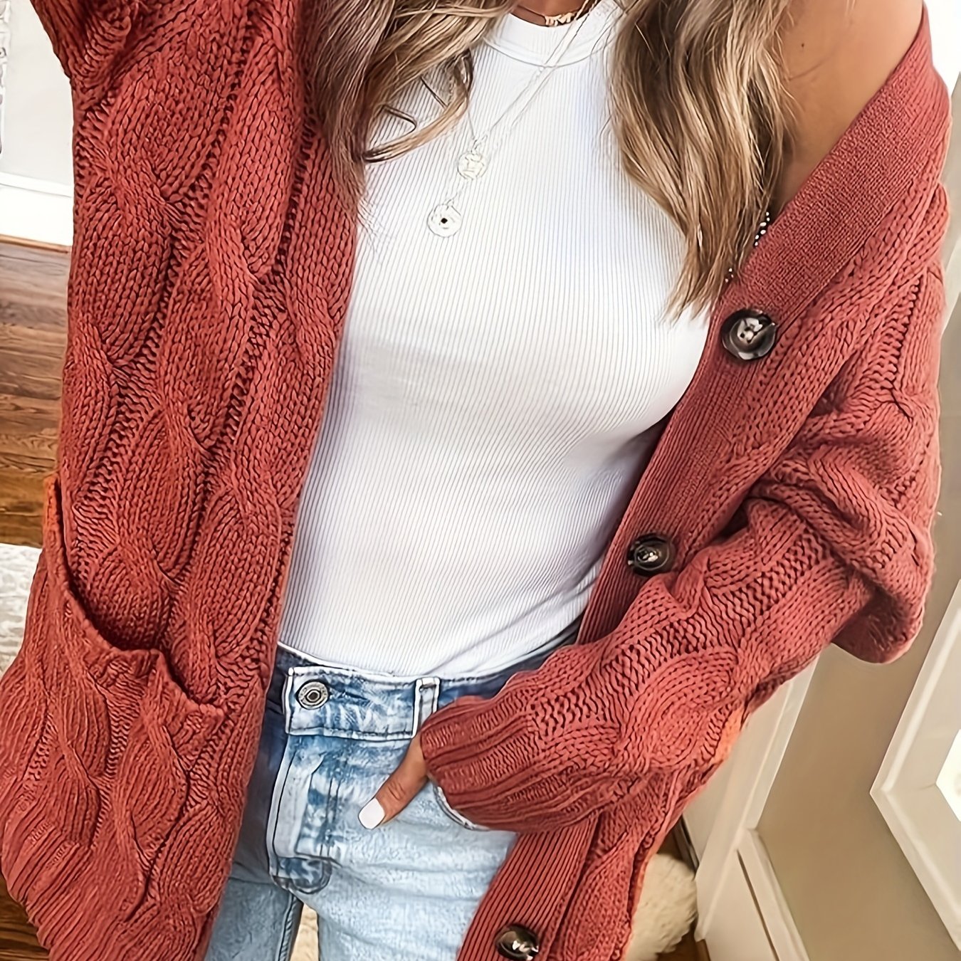 Cable Knit Button Front Cardigan, Casual Solid Long Sleeve Cardigan For Fall & Winter, Women's Clothing