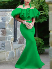 Ingvn - Women Long Party Dresses Mermaid Slim Christmas Bare Shoulder Puffy Bright Green Big Size Wedding Evening Occasions Gowns Robes