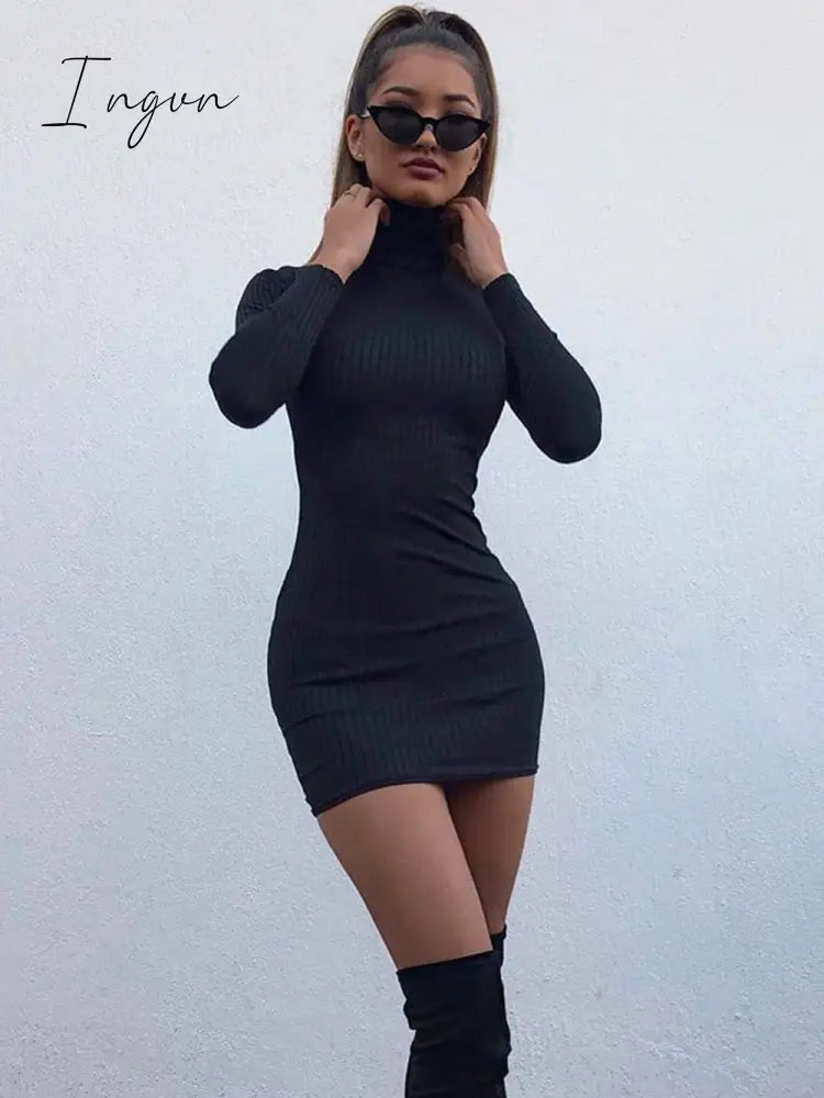 Ingvn - Summer New Women's Wear Black High Collar Long Sleeve Outdoor Sports Sexy Tight Mini Short Dress