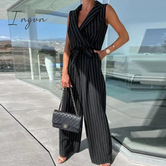 Ingvn - Summer Casual Loose Jumpsuit Female Fashion Printed Lapel Sleeveless High Waist One-piece Pants Elegant Women Social Overalls