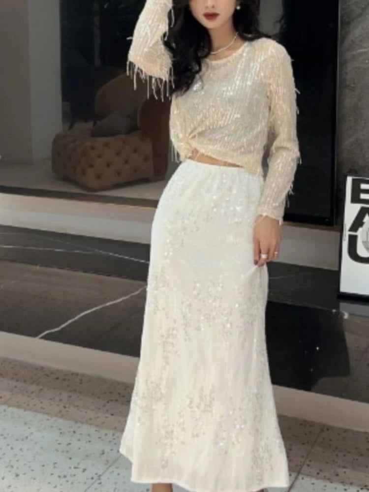 French Velvet Fishtail Skirt Sequin Beaded Embroidery Skirt Elastic Waist A Line High Waist Skirts for Woman Faldas Para Mujeres