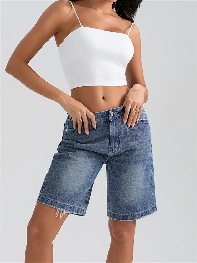 Women's Knee Length Denim Shorts Mid Rise Baggy Jean Short Pants with Pockets for Summer