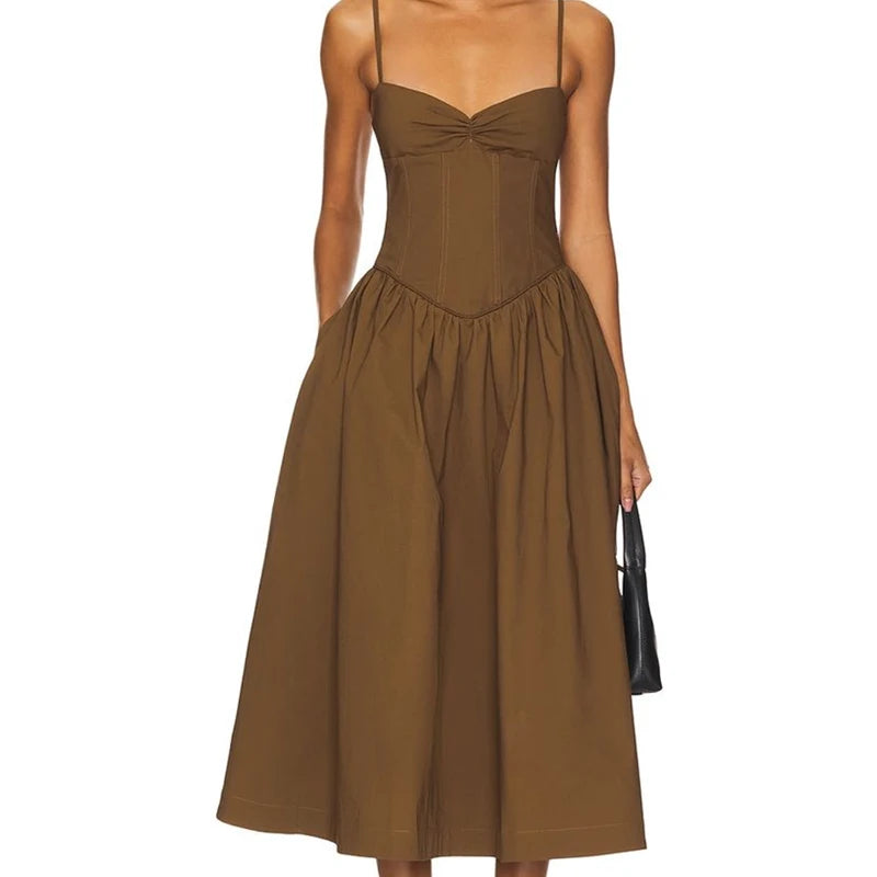 New Women Sexy Elegant Coffee White Sling Long Dress Low Waist Fit And Flare Summer Party Maxi Dresses Cotton Robe