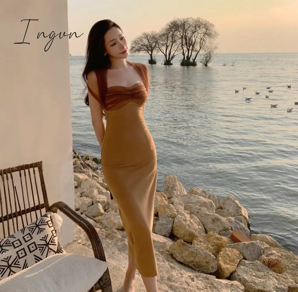 Ingvn - New Years Eve Dresses For Women Spring Summer Sexy Halter Mesh Patchwork Midi Dress Elegant Bodycon Slim Party Vestidos Female Fashion Vintage Clothes
