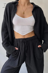 Ingvn - Daily Simplicity Solid Pocket Turndown Collar Long Sleeve Two Pieces