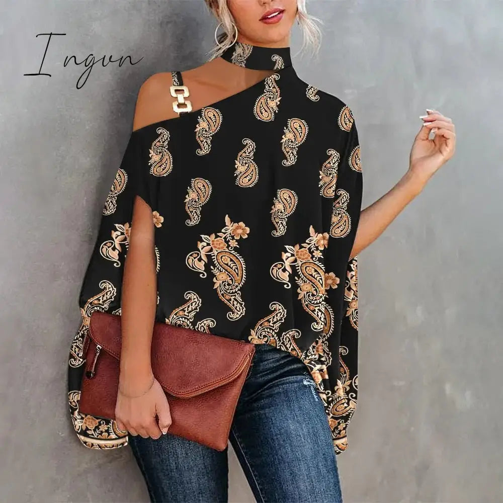Ingvn - Women Metal Halter Hollow Out Print Top Patchwork Short Sleeve Loose Summer Blouse Femme Fashion Pullovers Casual Youth New