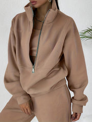 Casual Matching Two-piece Set, Zip Up Sweatshirt & Solid Sweatpants Outfits, Women's Clothing