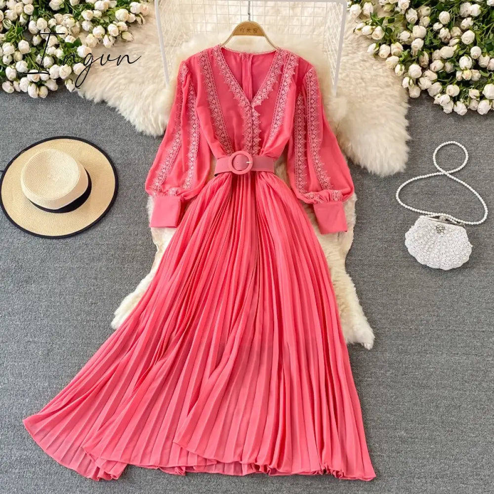Ingvn - Red/Yellow/Black Embroidered Pleated Long Dress Vintage V-Neck Lantern Long Sleeve High Waist Draped Maxi Vestidos Female