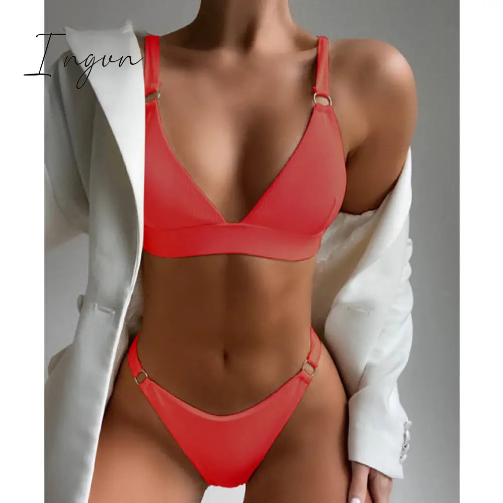 Ingvn - New Sexy Ribbed Ring Bikinis Swimsuit Women Push Up Swimwear Solid Bikini Set Summer Beach Brazil Biquini Swim Bathing Suit