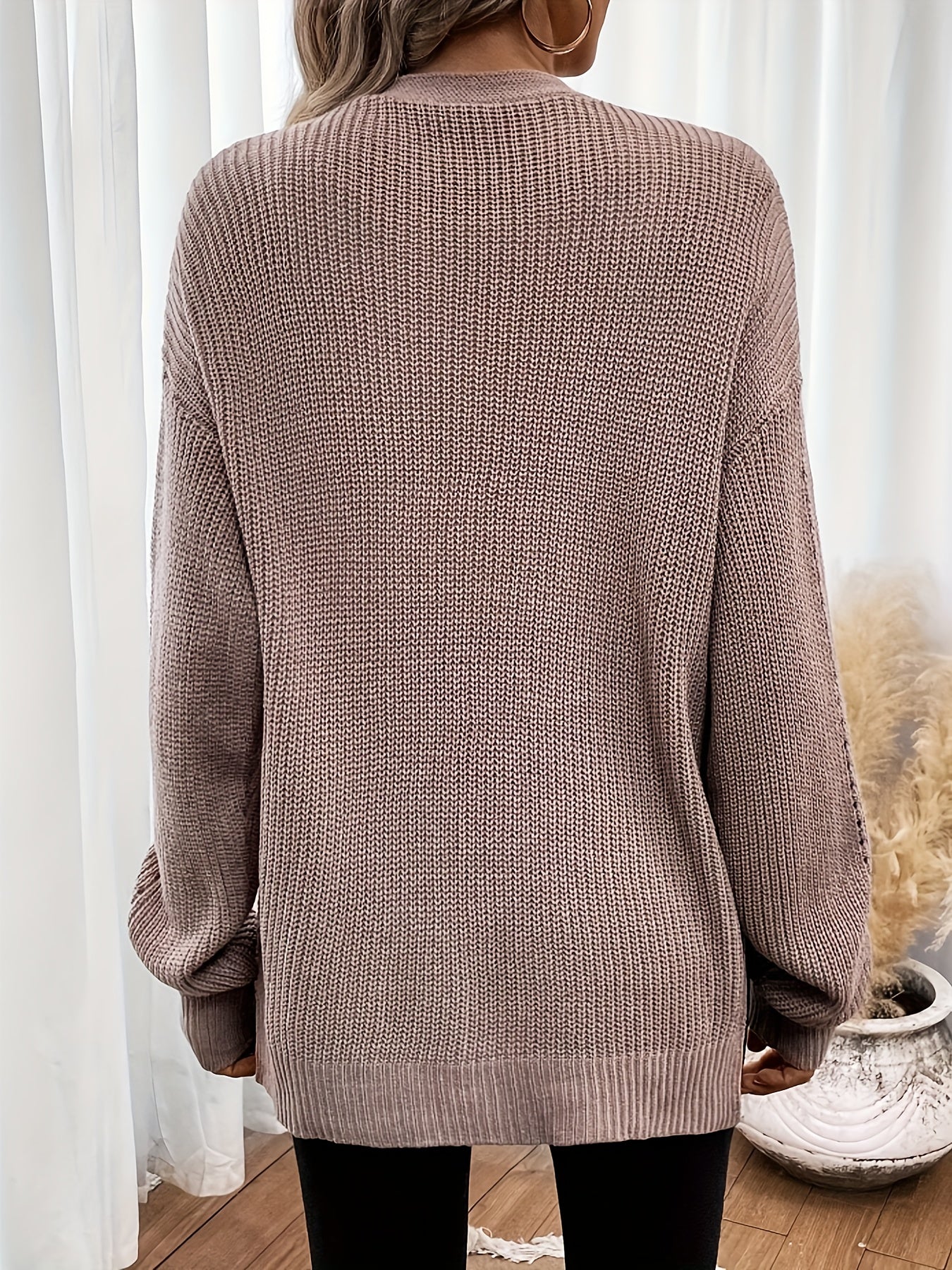 Solid Color Open Front Cardigan, Casual Long Sleeve Cardigan For Fall & Winter, Women's Clothing