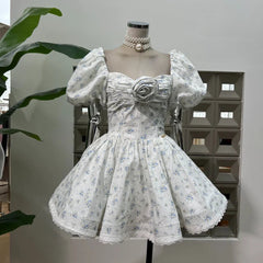 French Spliced Appliques Sweet A Line Dresses For Women Slash Neck High Waist Printing Lace Backless Dress Female Fashion