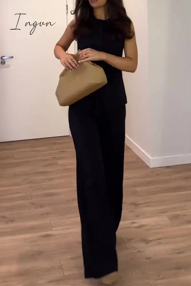 Elegant Simplicity Solid Slit O Neck Sleeveless Two Pieces