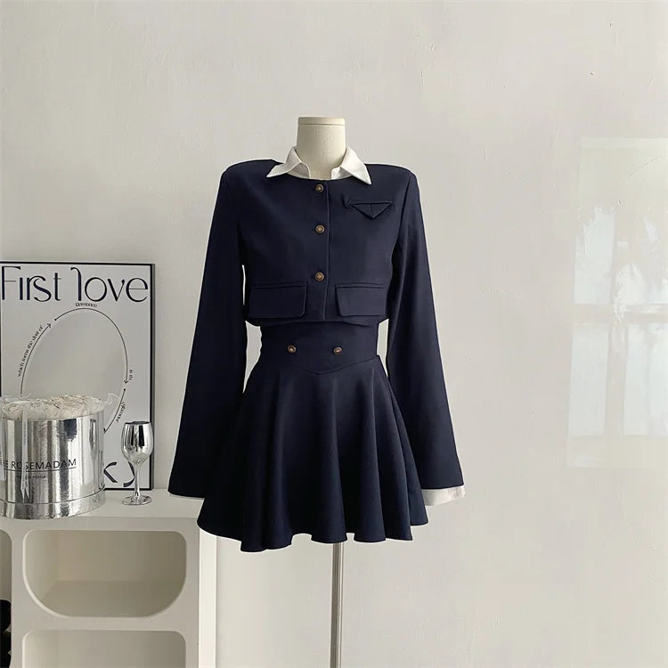 Voguable  Y2K 3 Piece Set Women Cropped Coat + Long Sleeve Shirt + High Waist Halter Ruffles Mini Dress Korean Chic Fashion Sexy Outfits