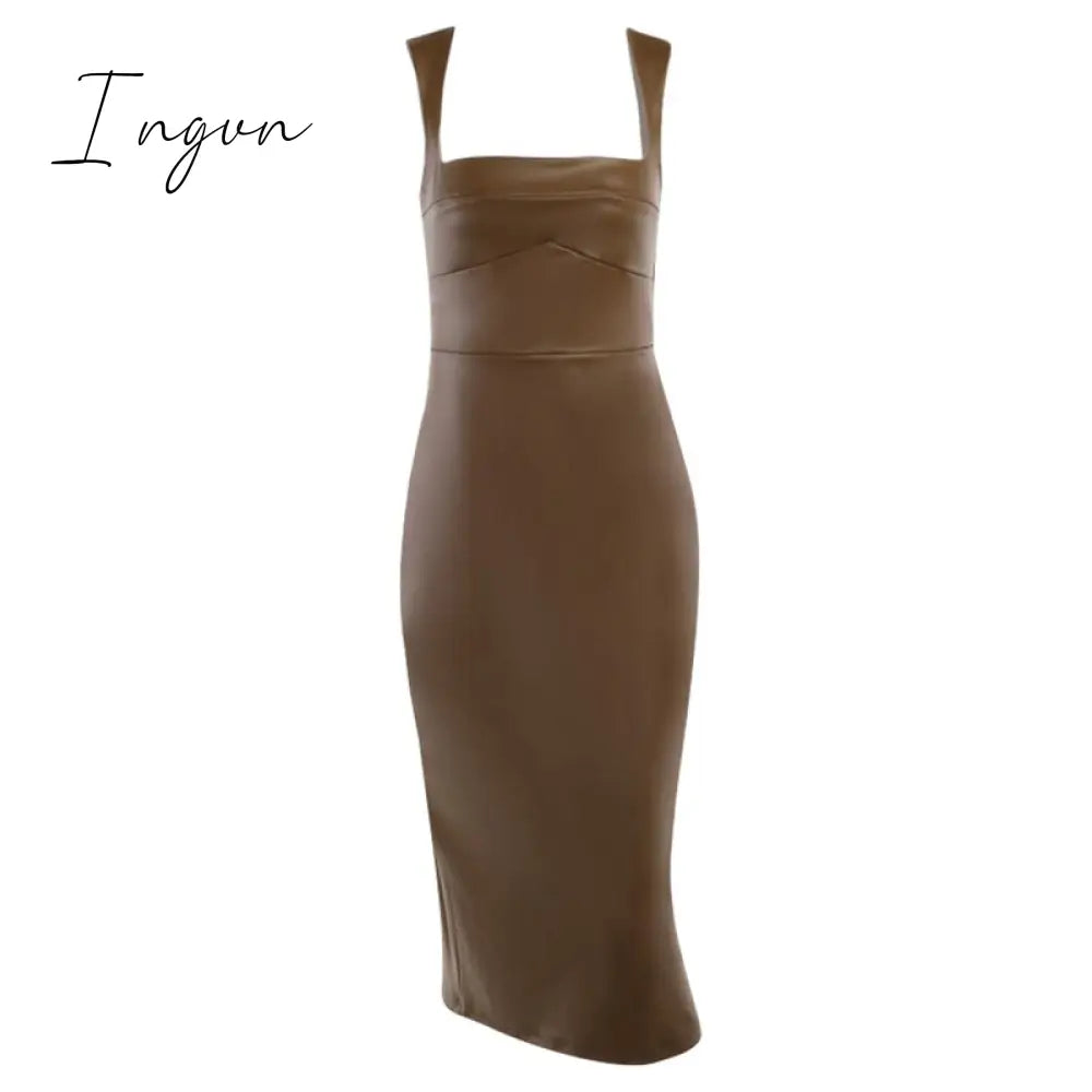Ingvn - Sleeveless Leather Bodycon Midi Dress Women Summer Sexy Fashion Clothes Elegant Party Evening Nightclub Slim Long Dresses