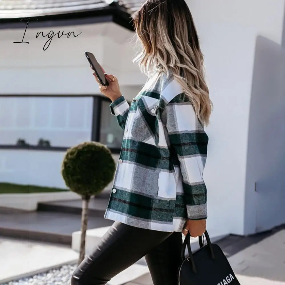 Ingvn - Shirts For Women Plaid Long Sleeve Button Up Shirt Collared Tops And Blouse Autumn Spring Fashion Loose Casual Black White