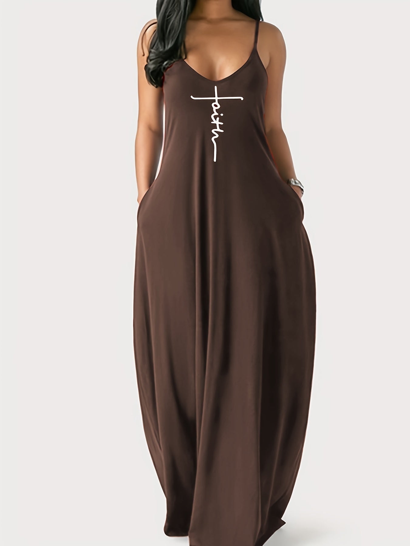 Faith Print Backless Spaghetti Strap Dress - Stylish V Neck Loose Fit for Women - Versatile Casual Summer Wear
