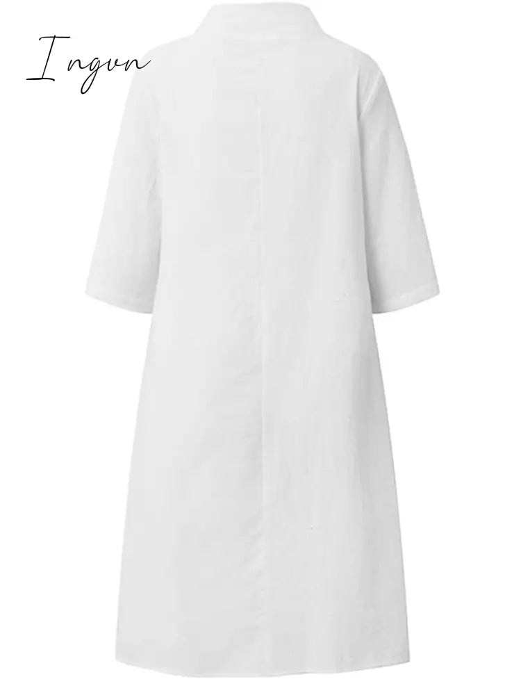 Ingvn - Women's Cotton Linen Dress Casual Dress Shift Dress Midi Dress Cotton Blend Fashion Basic Outdoor Daily Vacation Stand Collar Button Half Sleeve Summer Spring 2023 Black White Blue Plain S M L