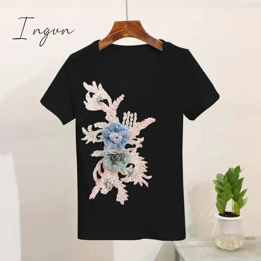 Ingvn - One-Piece/Set Summer New Women Denim Pants Beaded Embroidery Short-Sleeved + Small Feet Hole Jeans Female Two-Piece Suit425
