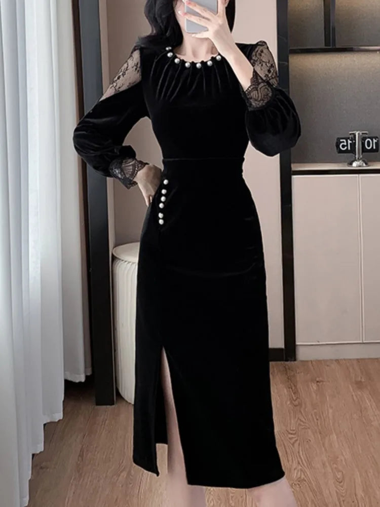 Autumn Elegant Solid Velvet Dress for Women Embroidered Flares O-Neck Long Sleeve Evening Party Dresses Female Vestidos Mujer