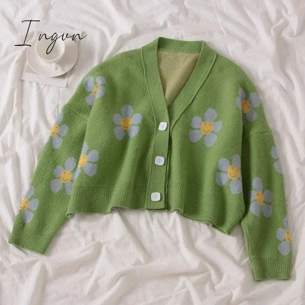 Ingvn - Spring College Style Flower Print Knitted Doat Loose Retro V-neck Cute Light Green Sweater Cardigan Blouse Short Section