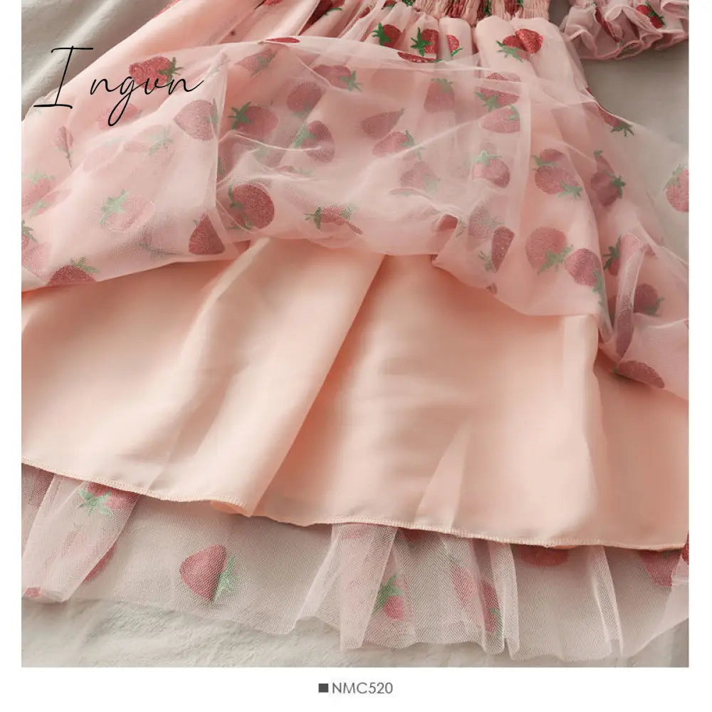 Ingvn - Strawberry Dress Women French Style Lace Chiffon Sweet Dress Casual Puff Sleeve Elegant Printed Kawaii Dress Women New