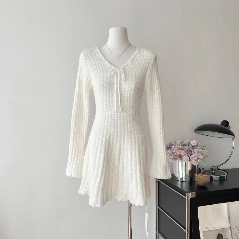Sweet Knitted Sweater Dress Women Casual Long Sleeve Elegant French Y2k Mini Dress Even Party 2024 Autumn Korean Fashion Chic