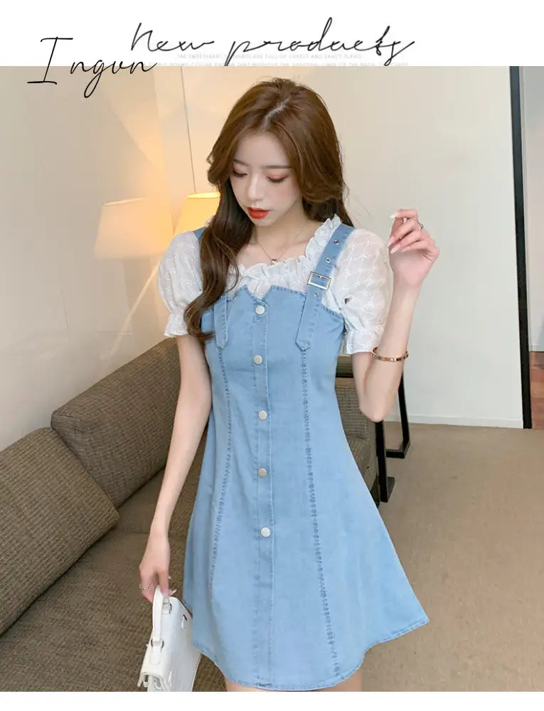 Ingvn - Denim Dress Fashion Lantern Sleeve Woman Dresses Clothes Gauze Patchwork Vestidos Ruffles Korean Off Shoulder Robe
