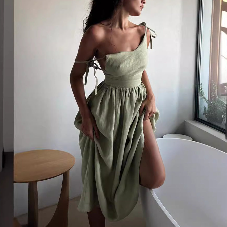 French Holiday Style Sexy Pure Desire Cotton and Linen Strap Backless Strap dress  Women's Clothing