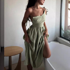 French Holiday Style Sexy Pure Desire Cotton and Linen Strap Backless Strap dress  Women's Clothing