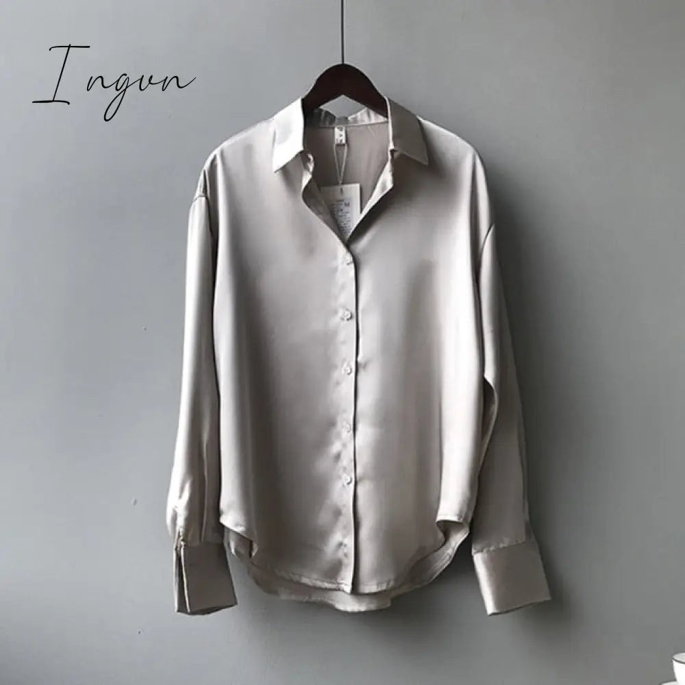 Ingvn - Silk Korean Office Ladies Elegant Shirt Blouse Women Fashion Button Up Satin Shirt Vintage White Long Sleeve Shirts Tops 11355